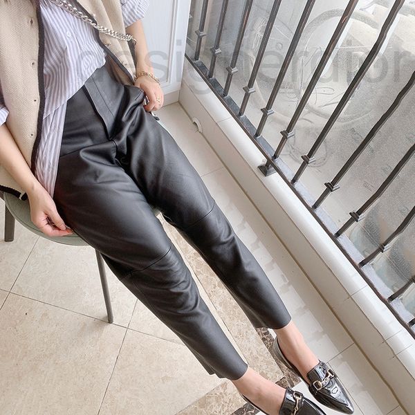 

women's jumpsuits & rompers designer select delicate lambskin 9-point trousers casual elastic wide leg leather pants women's genui, Black;white