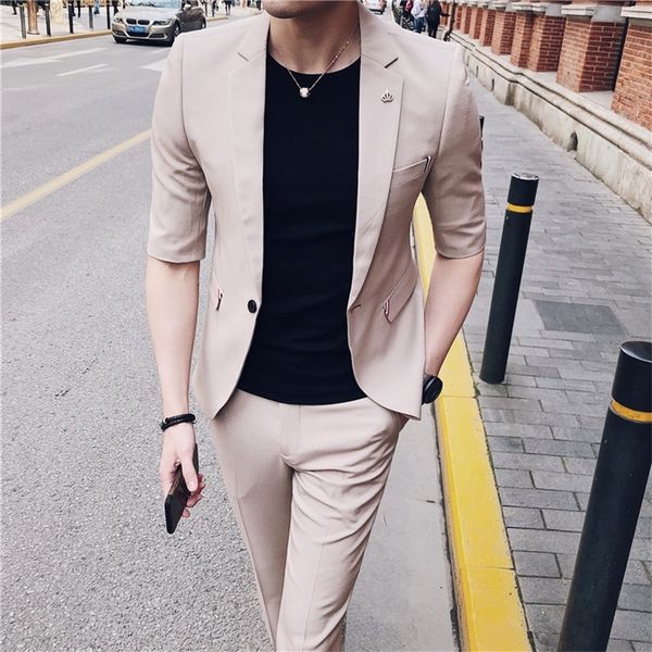 

men's suits blazers jacketpants spring summer men's fashion high-quality casual mid-sleeved suit men's solid color slim party, White;black