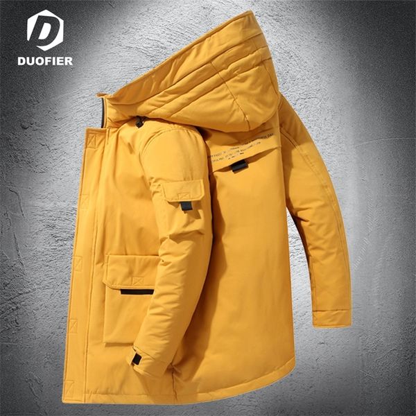 

men's down parkas winter men's hooded casual down jacket yellow thick warm men clothing white duck down long coat trendy with hat, Black