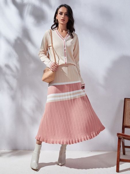 

women's sweaters button front cardigan & color-block knit skirt x2za#, White;black