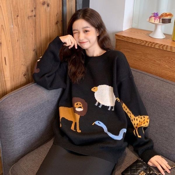 

women s sweaters girl retro jacquard women round neck cartoon animal long sleeve loose pullover knitted female spring 220908, White;black