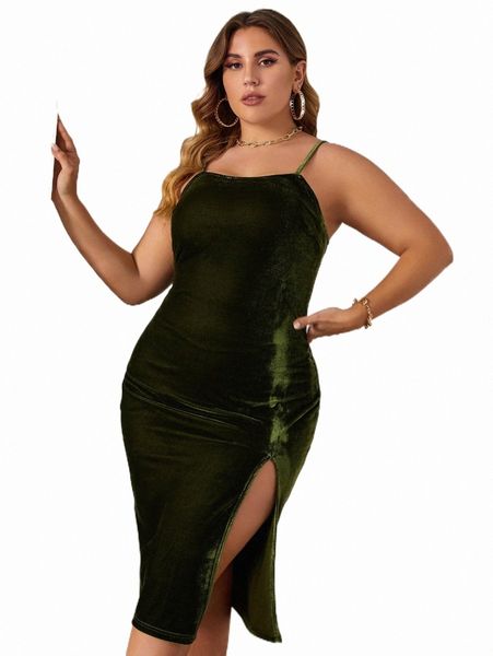 

plus size dresses plus zip back split hem velvet cami dress r3d9#, Black