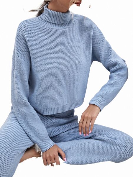 

women's sweaters turtleneck drop shoulder sweater & ribbed knit pants l3sd#, White;black