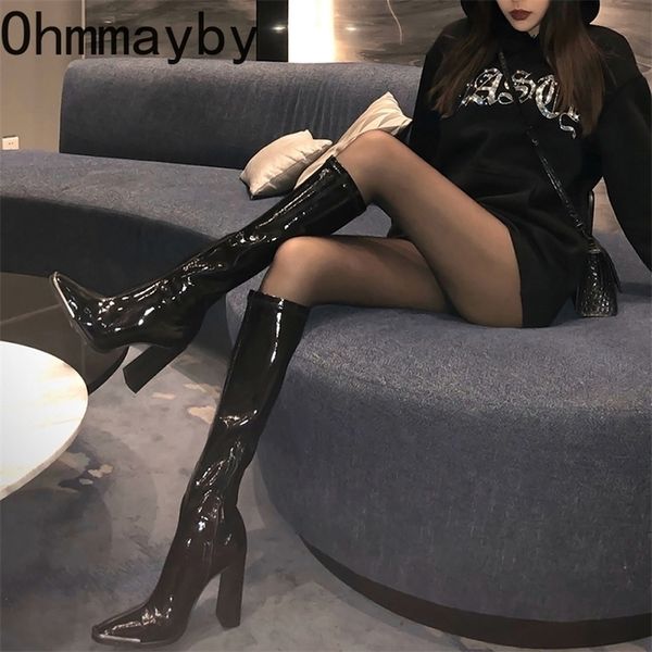 

boots high heel women long quality leather patent ladies zip knight fashion kneehigh 220908, Black