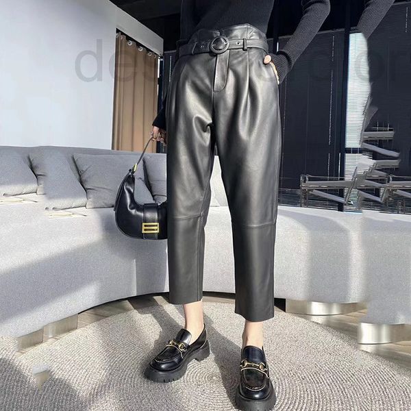 

women's jumpsuits & rompers designer haining 2021 new autumn and winter leather sheep skin women's european high waist casual pant, Black;white