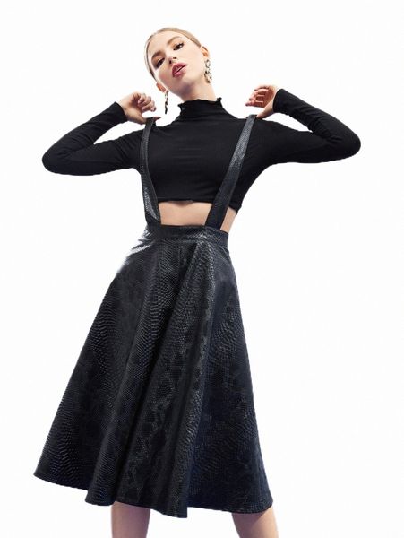 

skirts x d.a.z.h.e crocodile embossed pu leather suspender skirt 63bg#, Black