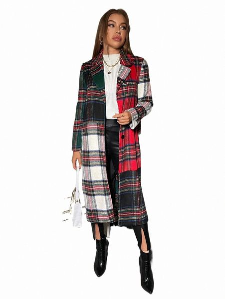 

women's down & parkas tartan lapel neck single breasted overcoat r5zc#, Black