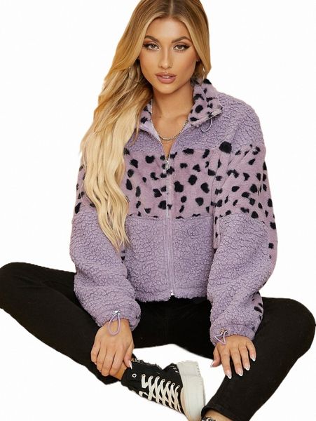 

women's jackets cow print drop shoulder teddy jacket k4vy#, Black;brown