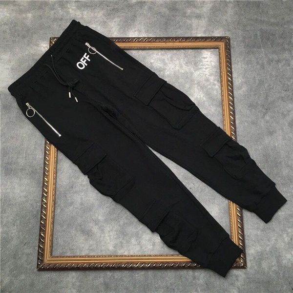 

2022 new fashion jogger cargo pants men solid color big chain zipper pockets double off casual streetwear sweatpants, Black