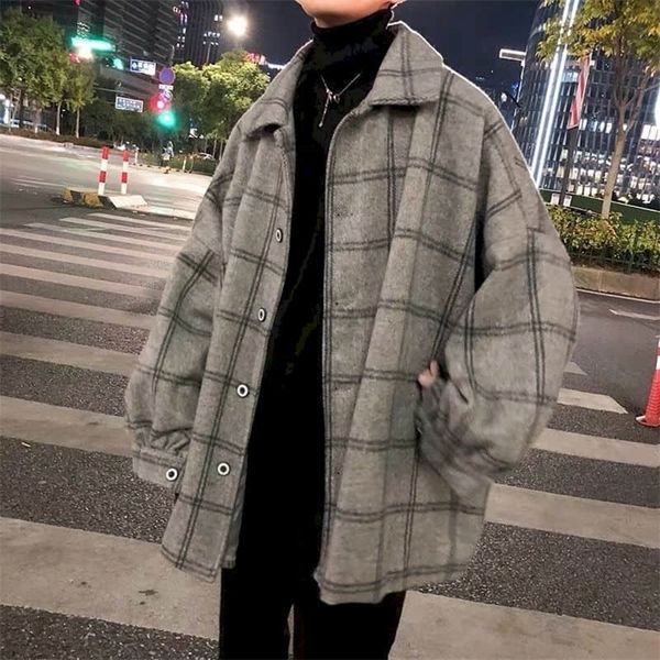 

men's wool blends woolen jacket men's autumn winter high street big velvet thicke korean loose trend harajuku women woolen plaid e, Black
