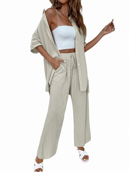 

two piece dress solid drop shoulder shirt & wide leg pants u8gz#, White