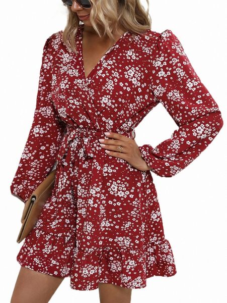 

casual dresses ditsy floral print surplice neck belted dress g9gf#, Black;gray