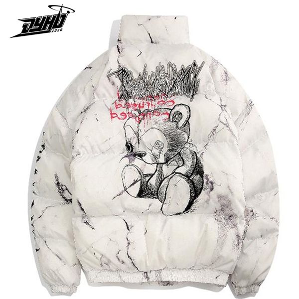 

men's down parkas hipster winter down jacket men cartoon bear print parka men hip hop streetwear winter loose thick warm jackets coats, Black