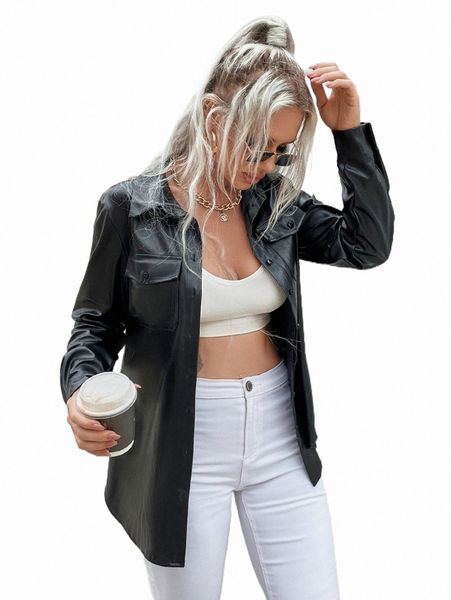 

women's blouses & shirts eilly bazar flap pocket pu leather shirt i3eq#, White