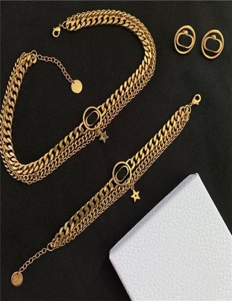 

retro chain necklaces laides double necklace letter earrings star bracelet fashion jewelry sets clavicle chain necklace, Black
