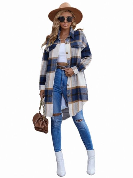 

women's down & parkas plaid print drop shoulder overcoat 486d#, Black