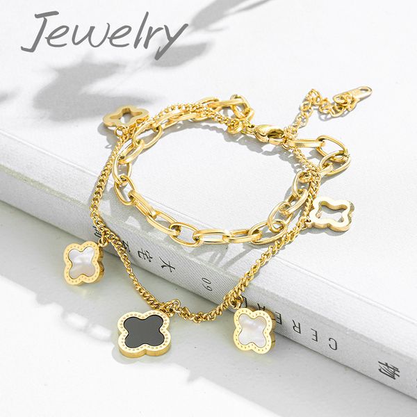 

handmade double layered clover charm bracelet jewelry for gift, Golden;silver