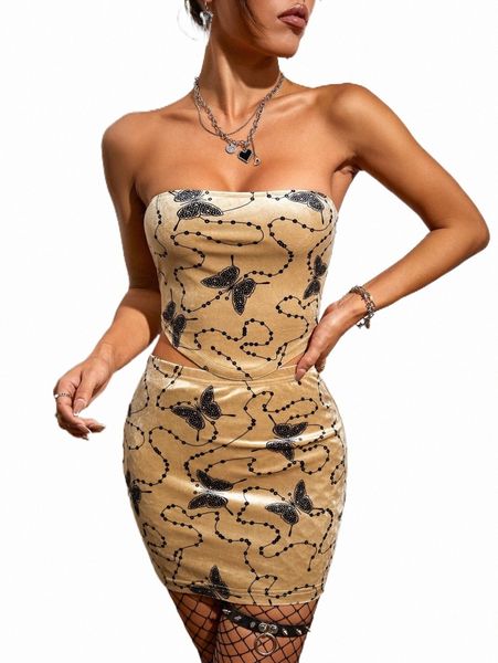 

two piece dress butterfly print high low tube & bodycon skirt 33yl#, White
