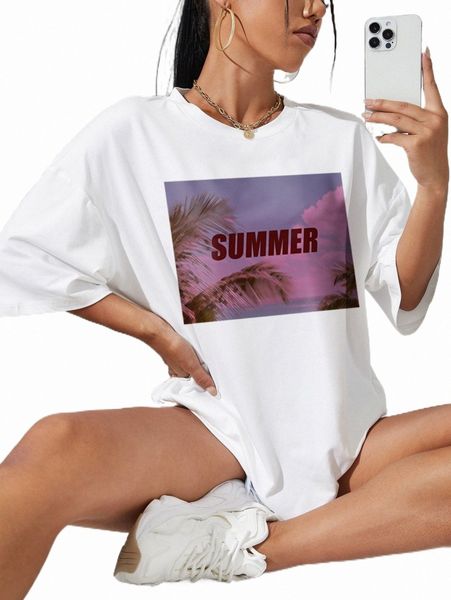 

women's t-shirt tropical and letter graphic drop shoulder oversized tee r1lu#, White