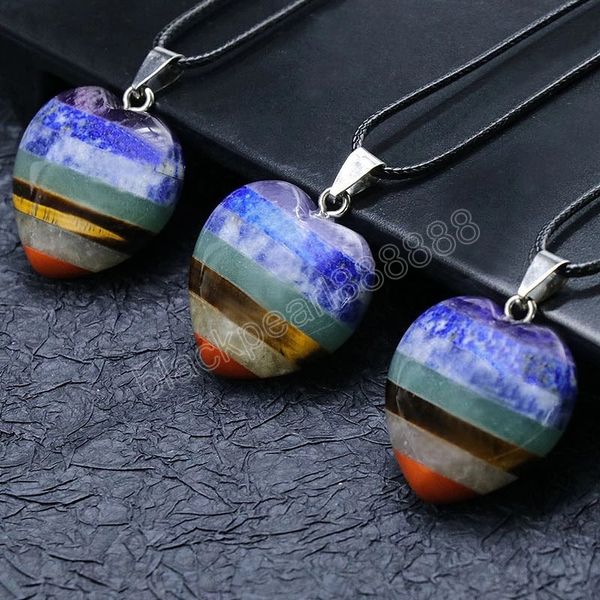 

retro reiki healing jewelry rainbow stone pendant necklace 30mm heart quartz crystal chakra necklaces female balance amulet, Silver