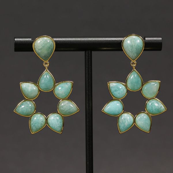 

real stone green amazonite dangle flower golden stud earrings gems elegant earrings lady simple jewelry gifts, Silver