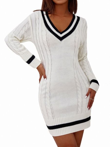 

women's sweaters striped pattern cable knit sweater dress p6pz#, White;black
