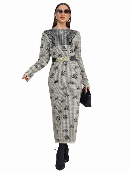 

women's sweaters floral print round neck sweater dress without belt z09l#, White;black