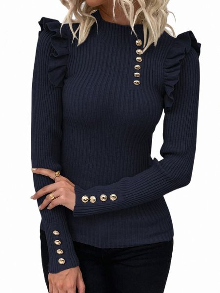 

women's sweaters ruffle trim button detail rib knit sweater 94fm#, White;black