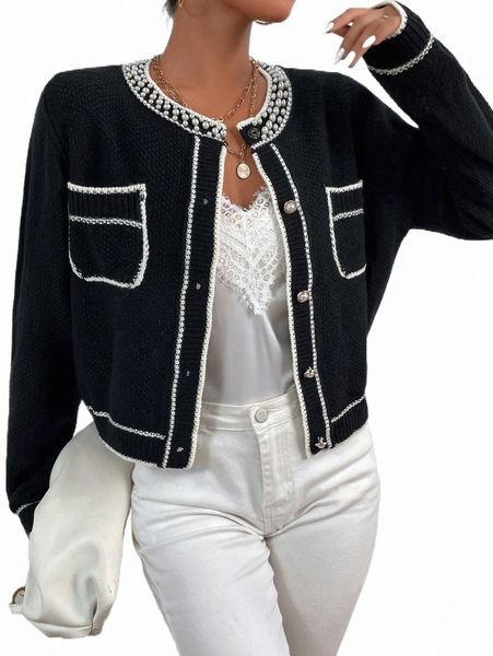 

women's sweaters pearl beaded pocket patched cardigan x7d3#, White;black