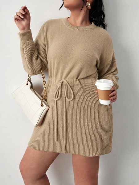 

plus size t-shirt plus solid drawstring waist drop shoulder sweater dress f6no#, Black