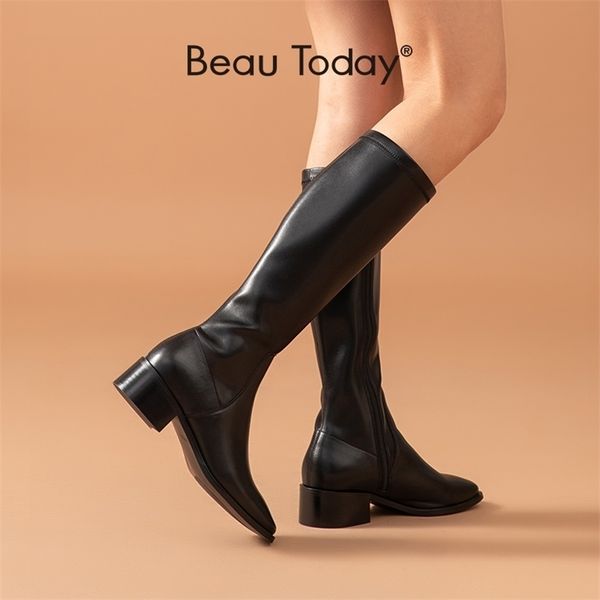 

boots beautoday long boots women cow leather pu patchwork knee high boots square toe side zip winter ladies thick heel shoes 01434 220908, Black