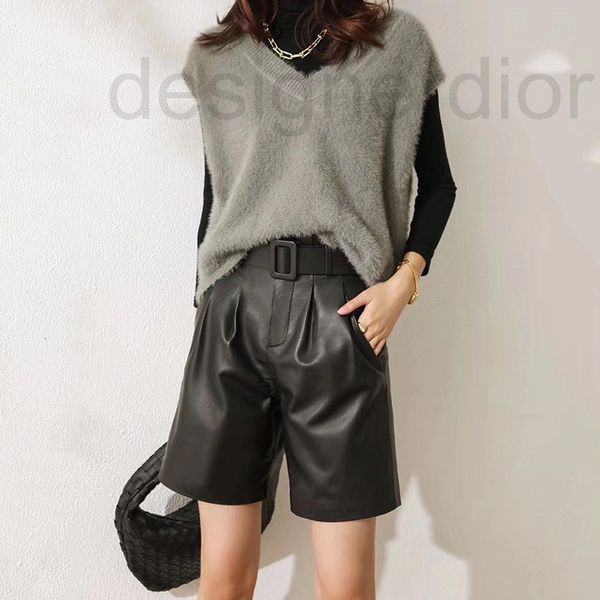 

women's jumpsuits & rompers designer autumn and winter new leather sheepskin pants women's five point high waist belt loose wide l, Black;white