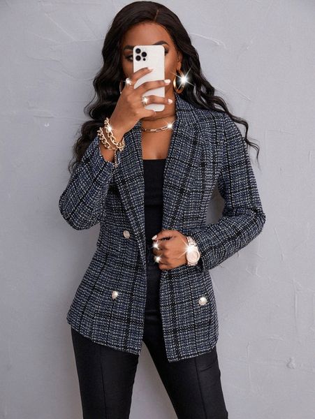 

women's down & parkas double breasted plaid tweed overcoat c8qp#, Black
