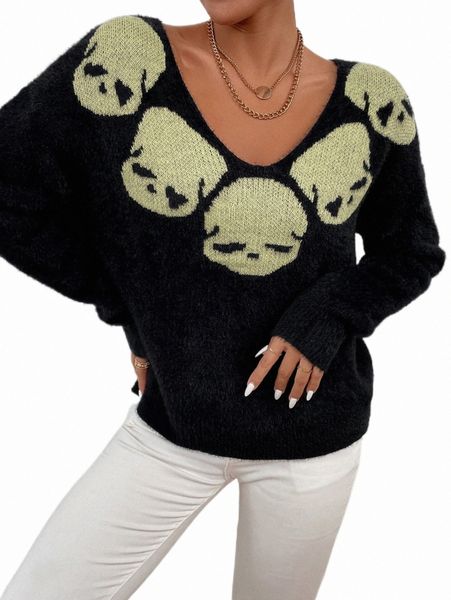 

women's sweaters drop shoulder skull pattern sweater g5sn#, White;black