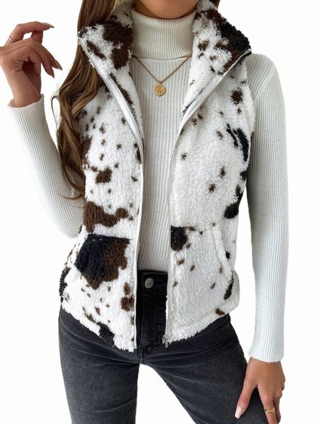 

women's jackets cow print teddy vest jacket 2022 new w8cj#, Black;brown
