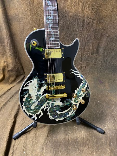 

custom lp electric guitar black body color shell dragon patternfingerboard carving dragon rosewood fingerboard