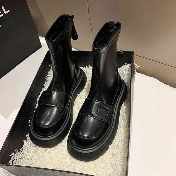 

boots short tube boots autumn and winter 2022 new fashion korean version round head thick bottom short tube back zipper women's boots t, Black