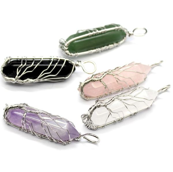 

tree of life natural stone pendant charm silver color wire wrap hexagonal green aventurine pink purple crystal thanging suspension, Bronze;silver
