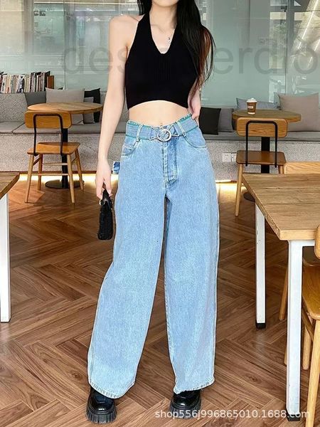 

women's jeans designer logo triangle silver belt decoration loose wide leg new washed high waist trousers in 2022, Blue