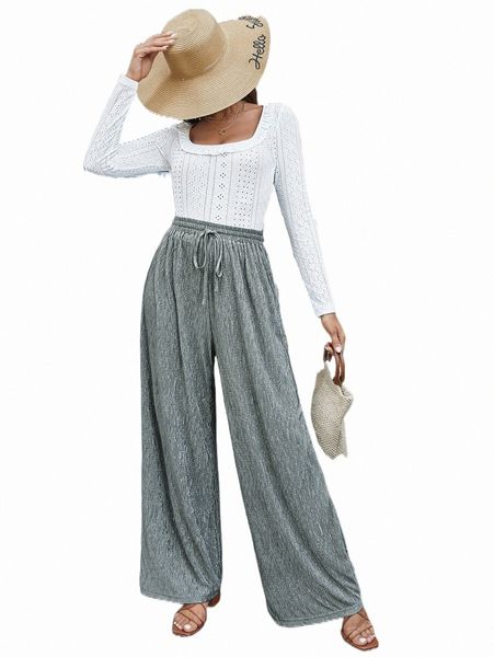 

two piece dress square neck tee & belted wide leg pants k9pq#, White