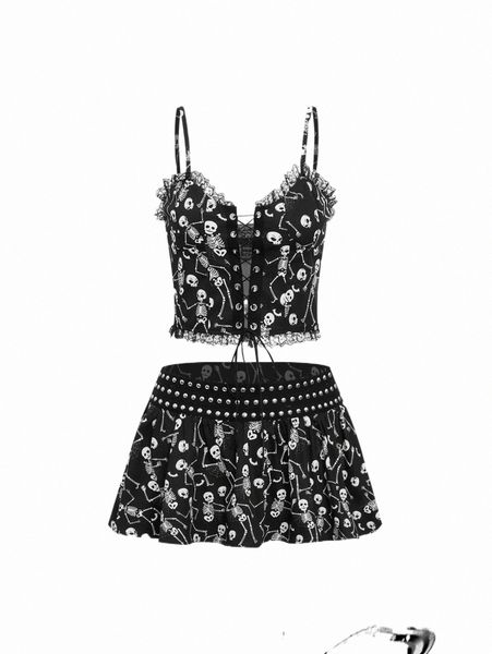 

two piece dress skeleton print frill trim tie front cami & skirt k9ie#, White