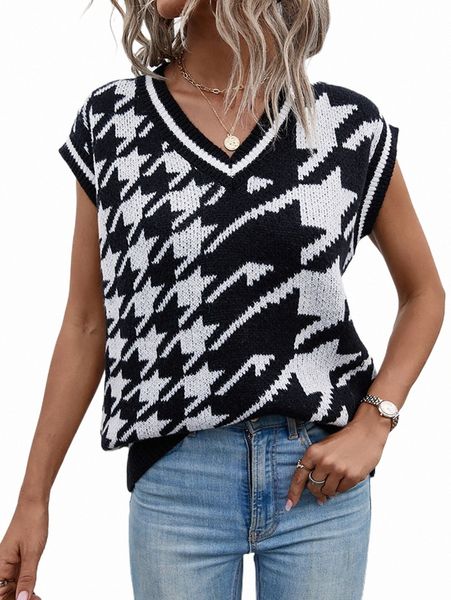 

women's sweaters houndstooth pattern sweater vest z4hv#, White;black