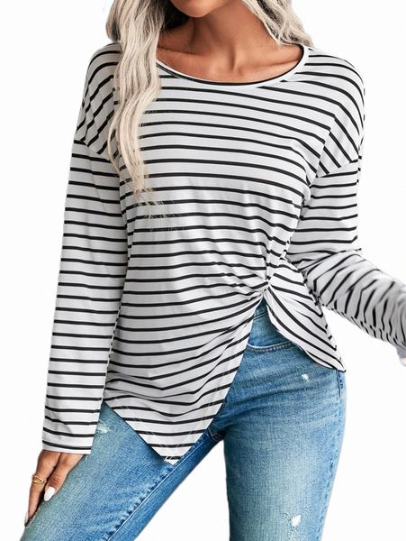 

women's t-shirt striped drop shoulder twist asymmetrical hem tee g6qd#, White
