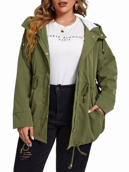 

plus size outerwear & coats plus drawstring slant pockets hooded coat i8md#, Black