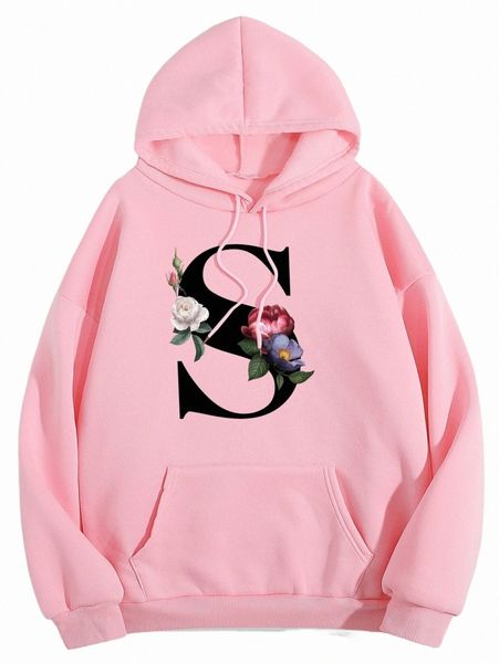 

women's hoodies & sweatshirts letter & floral print kangaroo pocket drawstring thermal hoodie s1rw#, Black