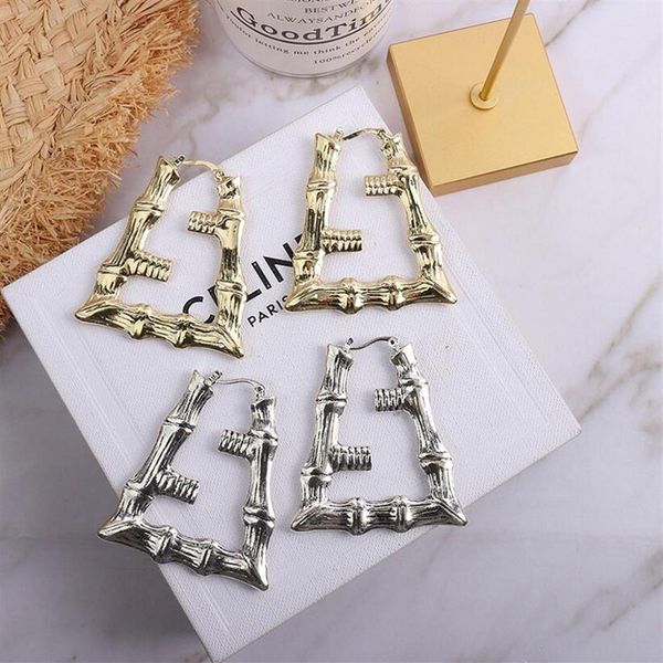 

european and american exaggerated gold and silver 2 color bamboo earrings net red big circle cool hip-hop earrings retro triangle 2780, Golden;silver