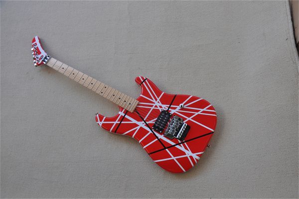 

5150 electric guitar red body white stripes floyd rose double rocker bridge chrome tuner maple fingerboard 22 frets