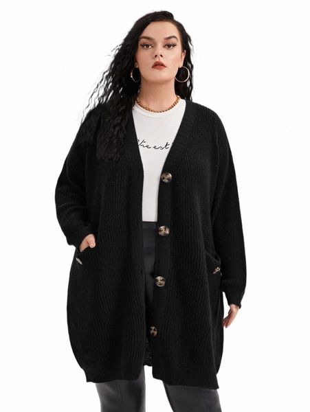 

plus size t-shirt plus drop shoulder pocket patched cardigan b42f#, Black