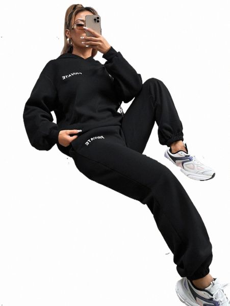 

two piece dress letter graphic drop shoulder hoodie & sweatpants c3xu#, White