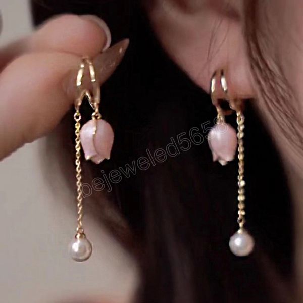 

tulip flower earrings for women pearl tassel dangle earrings wedding long earring birthday valentines day gift jewelry, Silver